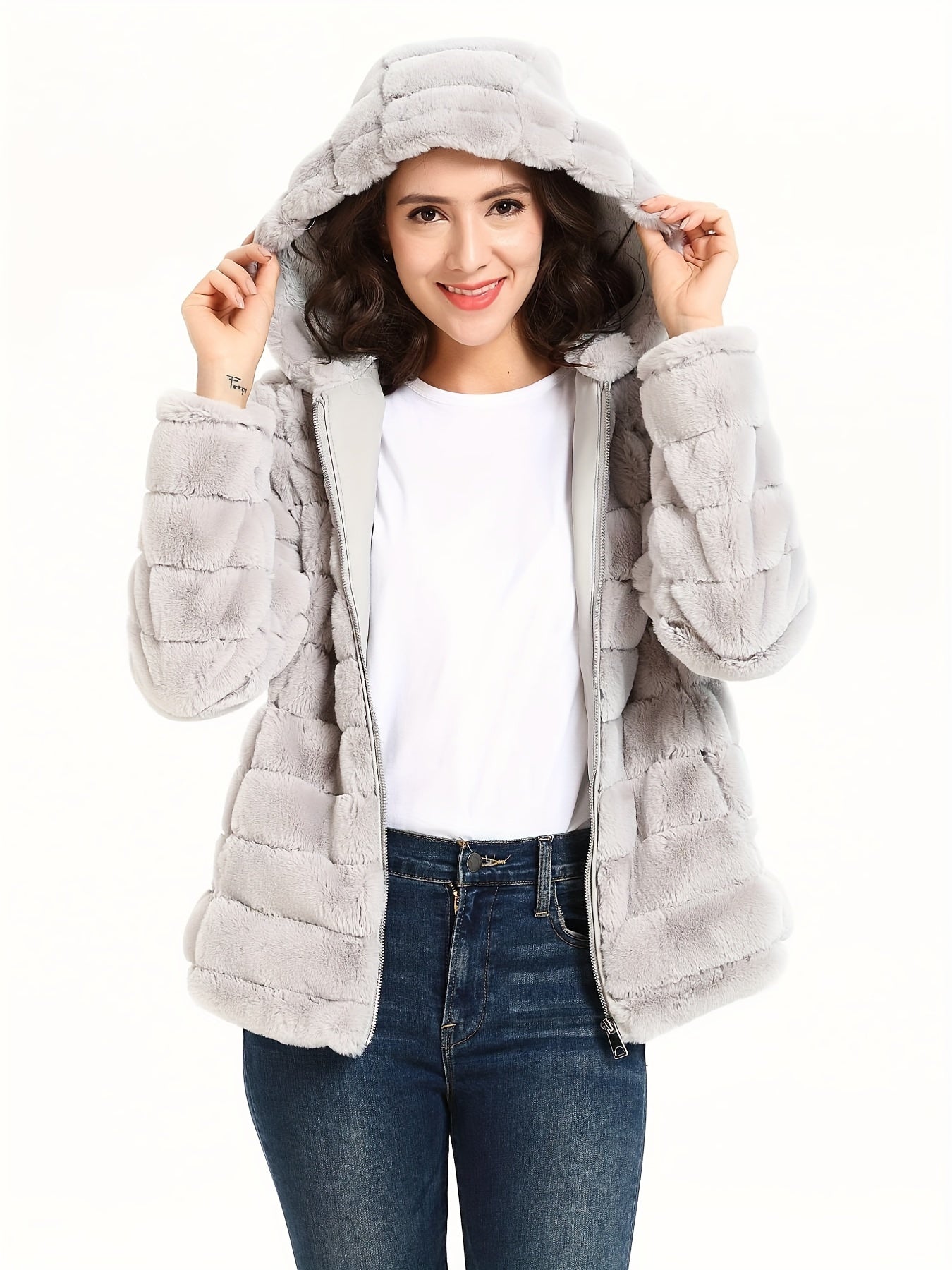 Black women's plush teddy jacket with zip closure from Lumina Wear, featuring cozy, soft outerwear for cold weather.