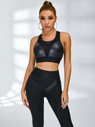Black PU fishnet breathable sports bra by Lumina Vancouver, showcasing its stylish fishnet design and comfortable fit.