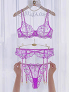 Purple embroidery lingerie set with three pieces from Lumina Vancouver, featuring lace and delicate detailing.