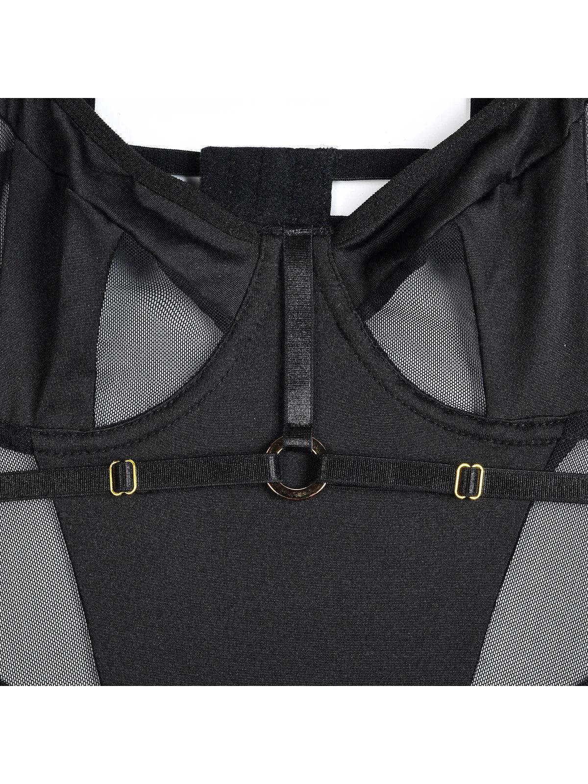 Lumina Wear Bettine Bodysuit, close-up of sleek, fitted bodysuit in black with subtle detailing, displayed on a mannequin.