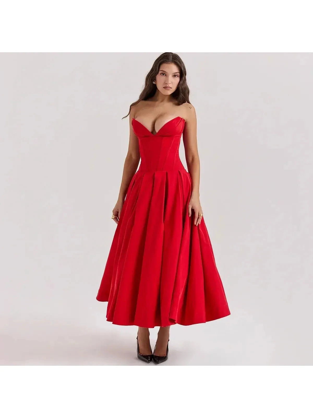 Red Adaline strapless pleated midi dress by Lumina Vancouver, showcasing a sleek design and elegant pleated details.