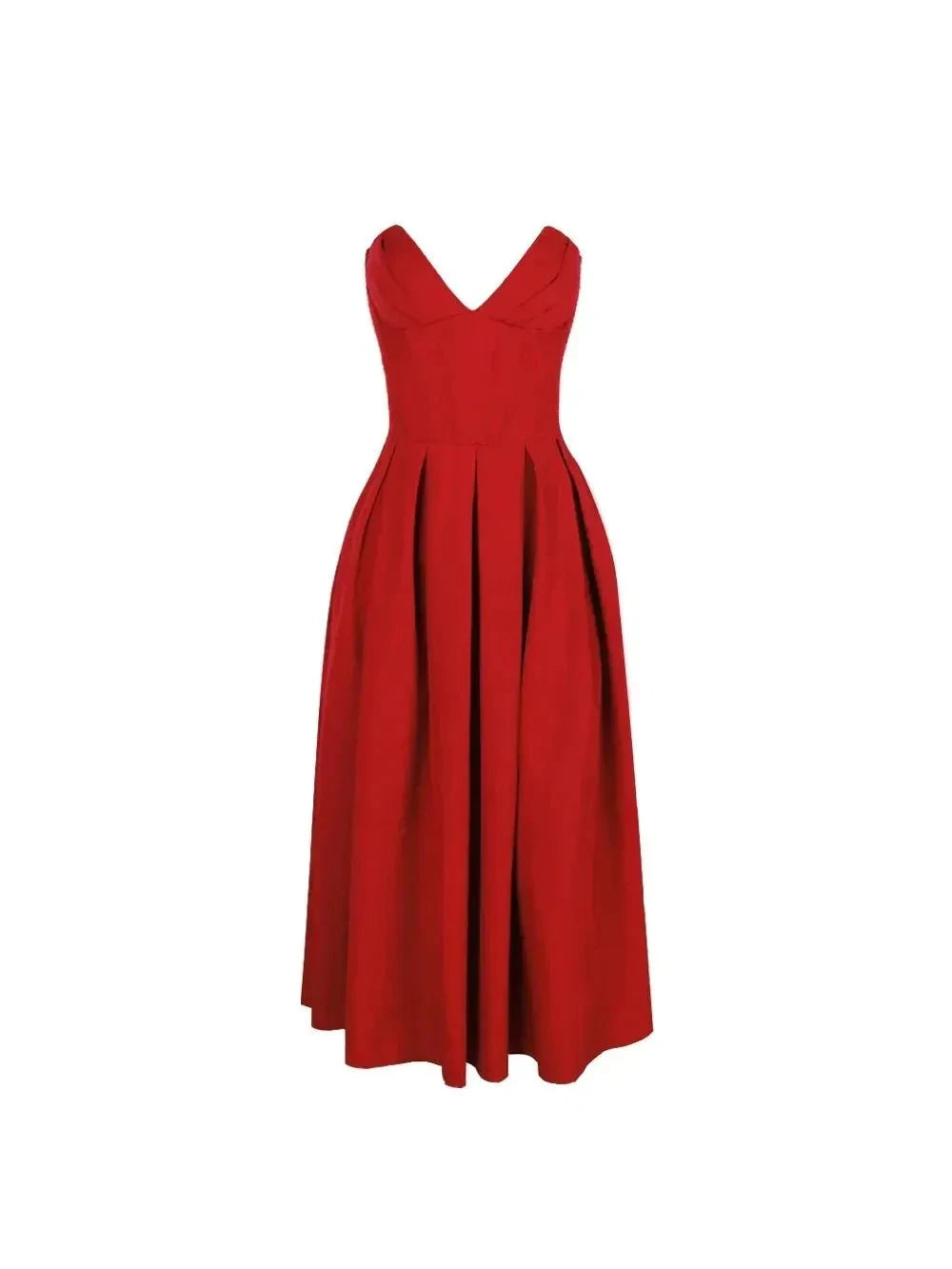 Red Adaline strapless pleated midi dress by Lumina Vancouver, shown in XS size with sleek, flowing fabric and elegant design.