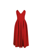 Red Adaline strapless pleated midi dress by Lumina Vancouver, shown in XS size with sleek, flowing fabric and elegant design.