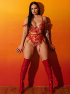 Red Ribbon Sculpting Lingerie Set by Lumina Vancouver, 3-piece set with red lace and satin details, shown on a model.