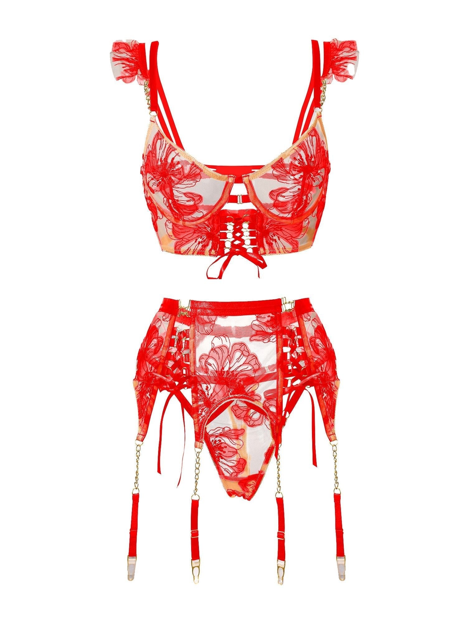 Red ribbon sculpting lingerie set by Lumina Wear, featuring a matching bra, panties, and garter belt with decorative ribbon details.