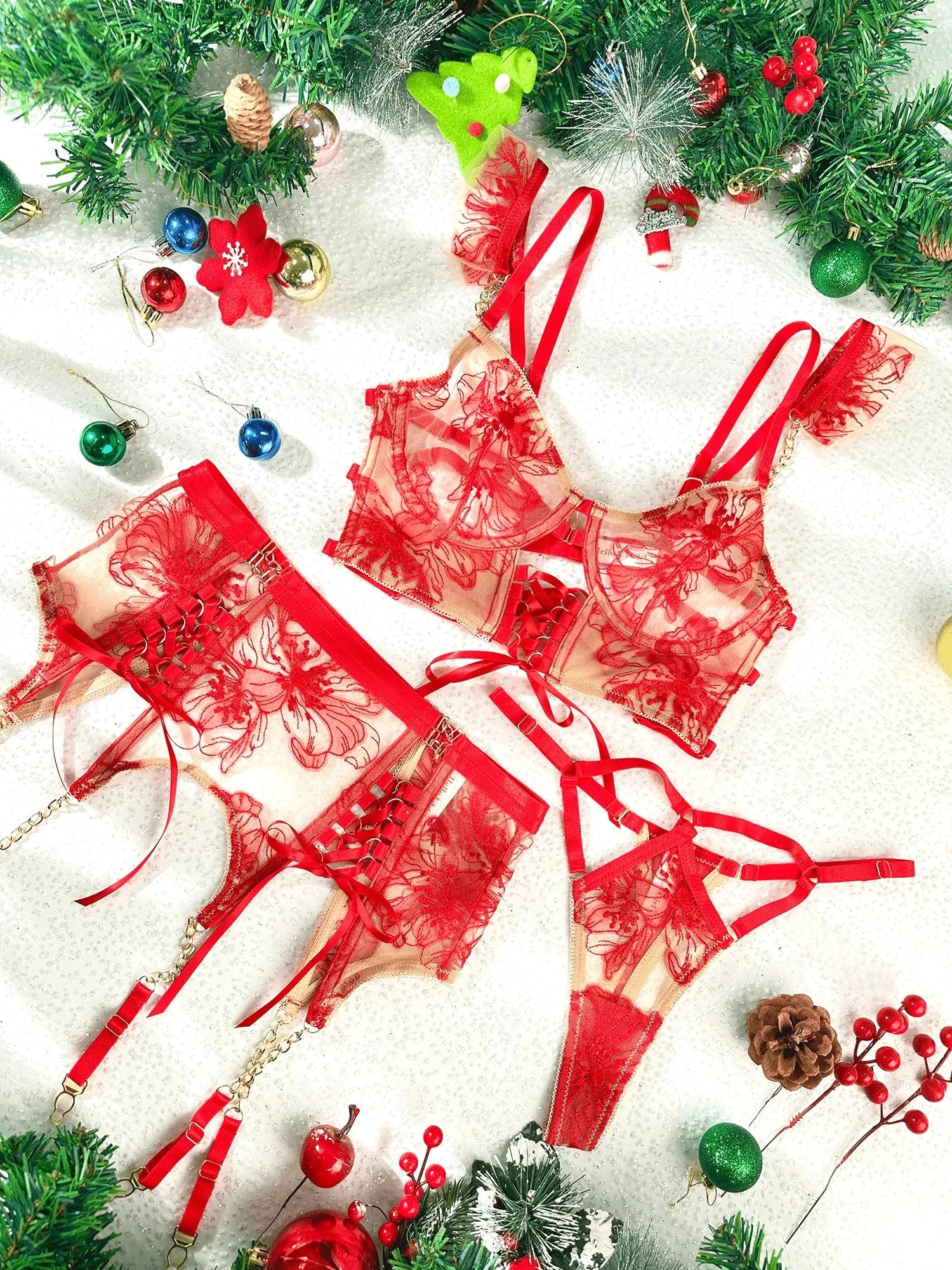 Red Ribbon Sculpting Lingerie Set, 3-piece red lingerie set by Lumina Vancouver featuring delicate ribbons and supportive design.