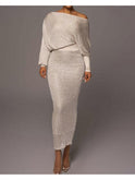 Silver Riva Elegant Knitted Off Shoulder Maxi Dress by Lumina Wear, showcasing a stylish off-shoulder neckline and flowing design.