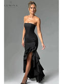 Blue floral sleeveless slit ruffle maxi dress by Lumina Wear, perfect for weddings and guest occasions.