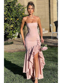 Blue floral sleeveless maxi dress with slit and ruffle details by Lumina Wear, perfect for wedding guests.