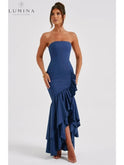 Blue floral Riviera sleeveless slit ruffle maxi dress by Lumina Wear, perfect for summer or wedding guest attire.