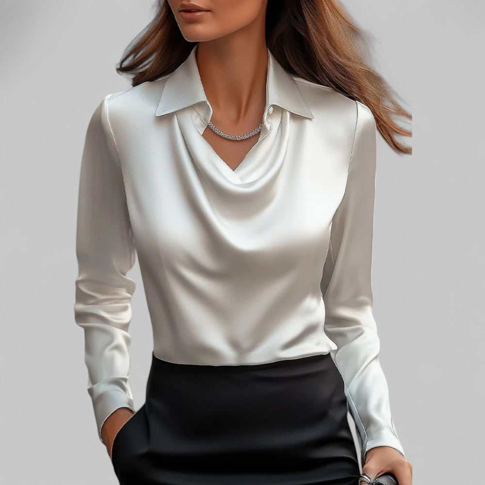 White women's blouse by Lumina Wear featuring a rose-colored elegant draped neck and long sleeves.