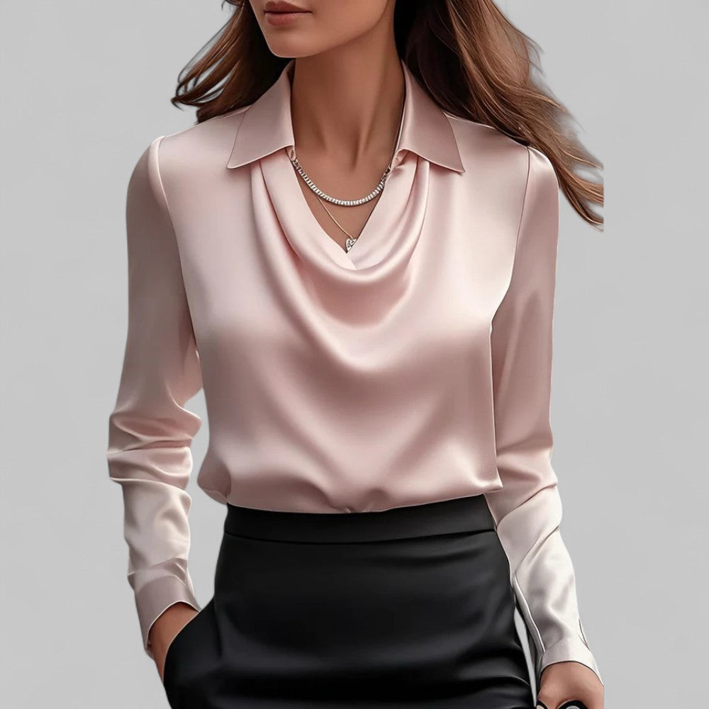 White women's blouse by Lumina Wear featuring an elegant draped neckline and long sleeves, perfect for sophisticated style.