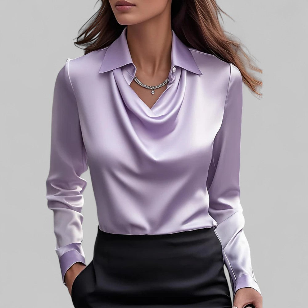 Elegant white rose-colored blouse with draped neckline and long sleeves by Lumina Wear, stylish women's blouse for casual or formal wear.