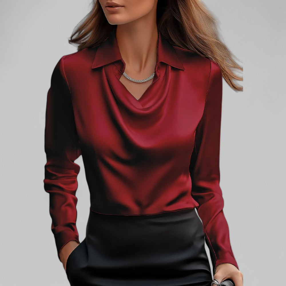 Elegant white rose-colored women's blouse with draped neckline and long sleeves from Lumina Wear.