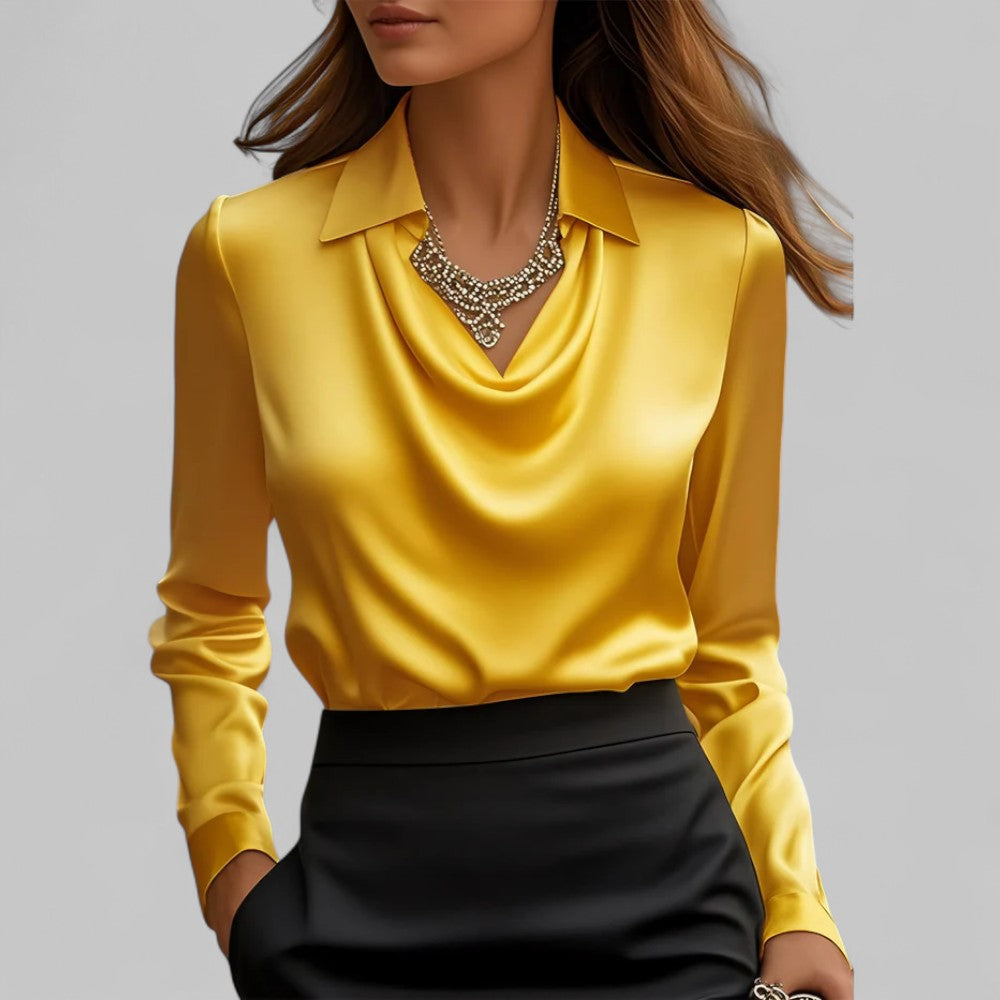 White women's blouse by Lumina Wear featuring a rose pattern, elegant draped neck, and long sleeves.