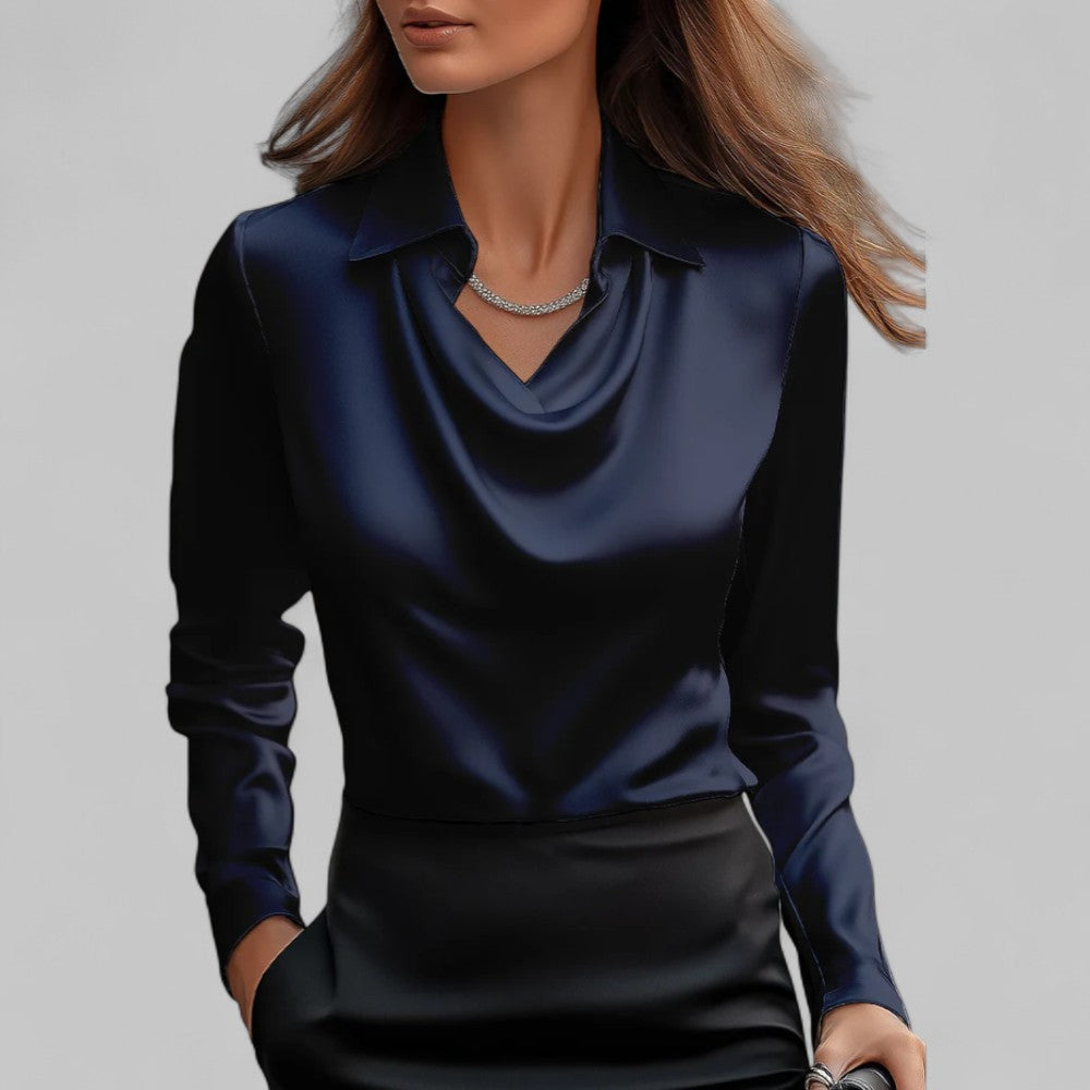 Elegant white rose-colored women's blouse with draped neckline and long sleeves by Lumina Wear.