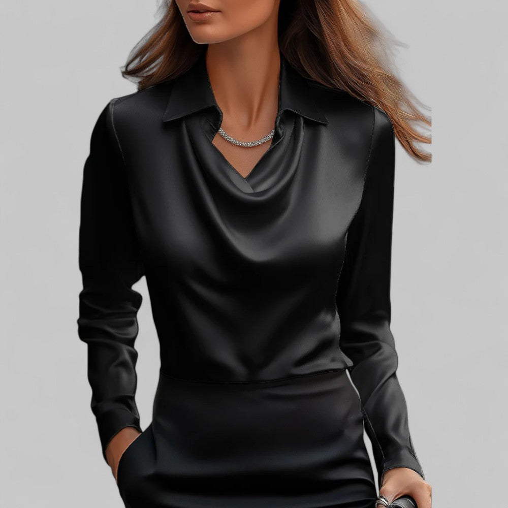 White women's rose-patterned blouse with elegant draped neckline and long sleeves by Lumina Wear.