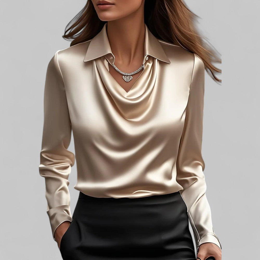 White women's blouse by Lumina Wear featuring an elegant draped neck and long sleeves, perfect for sophisticated style.