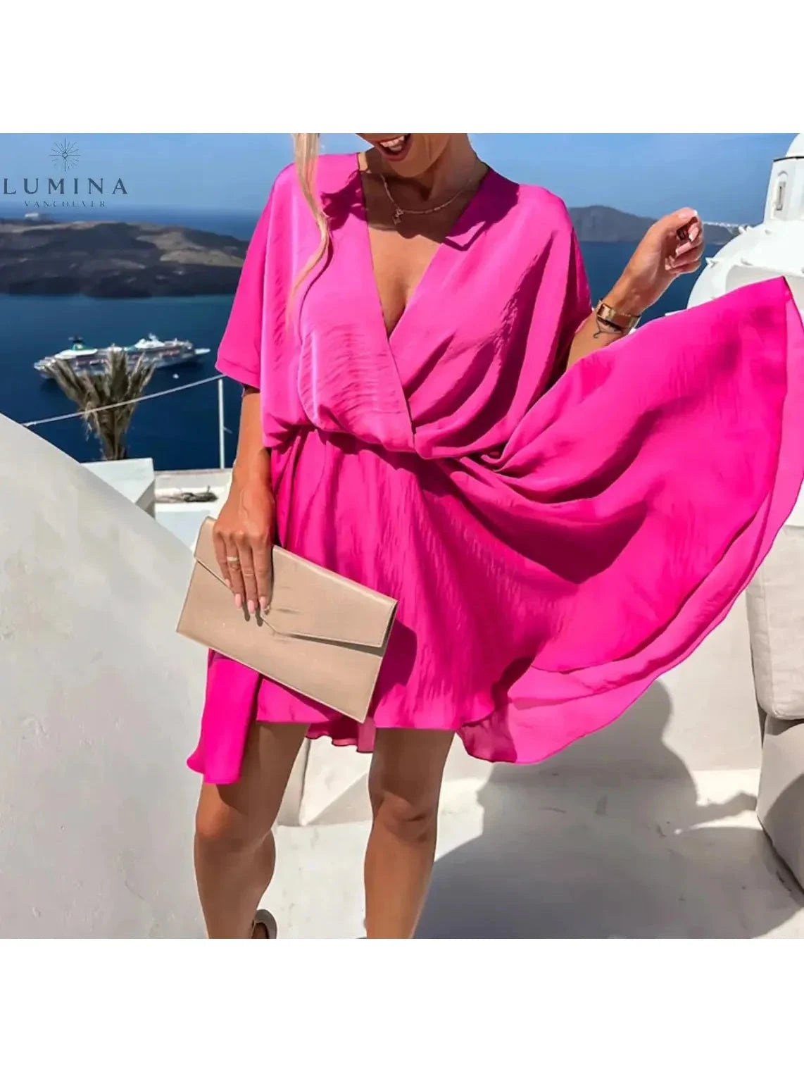 Pink Rose elegant wedding guest dress by Lumina Vancouver, stylish and sophisticated dress for special occasions.