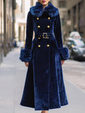 Navy blue Royal Velvet double-breasted long coat with faux fur trim by Lumina Wear, displayed on a hanger.