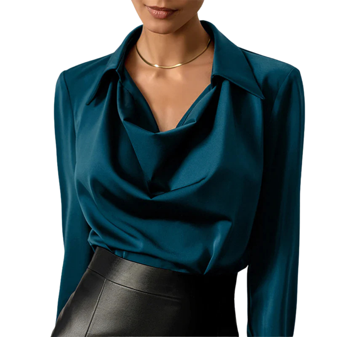 Lumina Wear Samantha elegant draped neck blouse with long sleeves, bronze color, showcasing stylish, flowing fabric and sophisticated design.