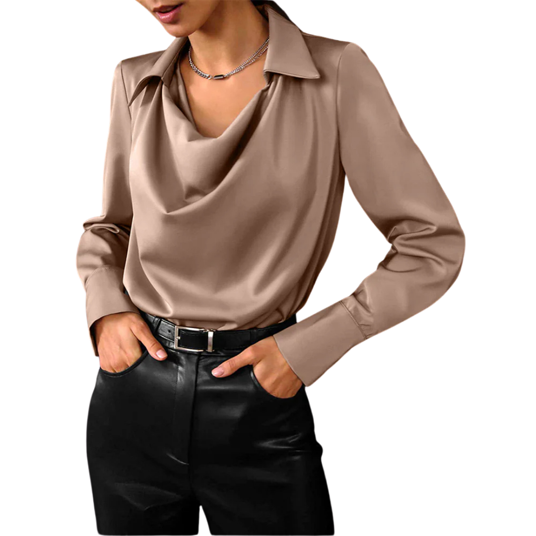 Lumina Wear Samantha elegant draped neck blouse with long sleeves, bronze color, stylish casual top for women.