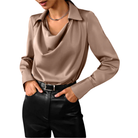 Lumina Wear Samantha elegant draped neck blouse with long sleeves, bronze color, stylish casual top for women.