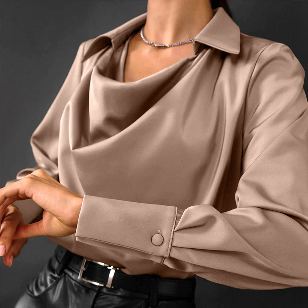 Elegant Lumina Wear Samantha blouse with draped neckline and long sleeves, shown in bronze size XS.