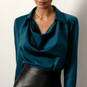 Lumina Wear Samantha elegant draped-neck blouse with long sleeves in bronze, showcasing a stylish and sophisticated design.