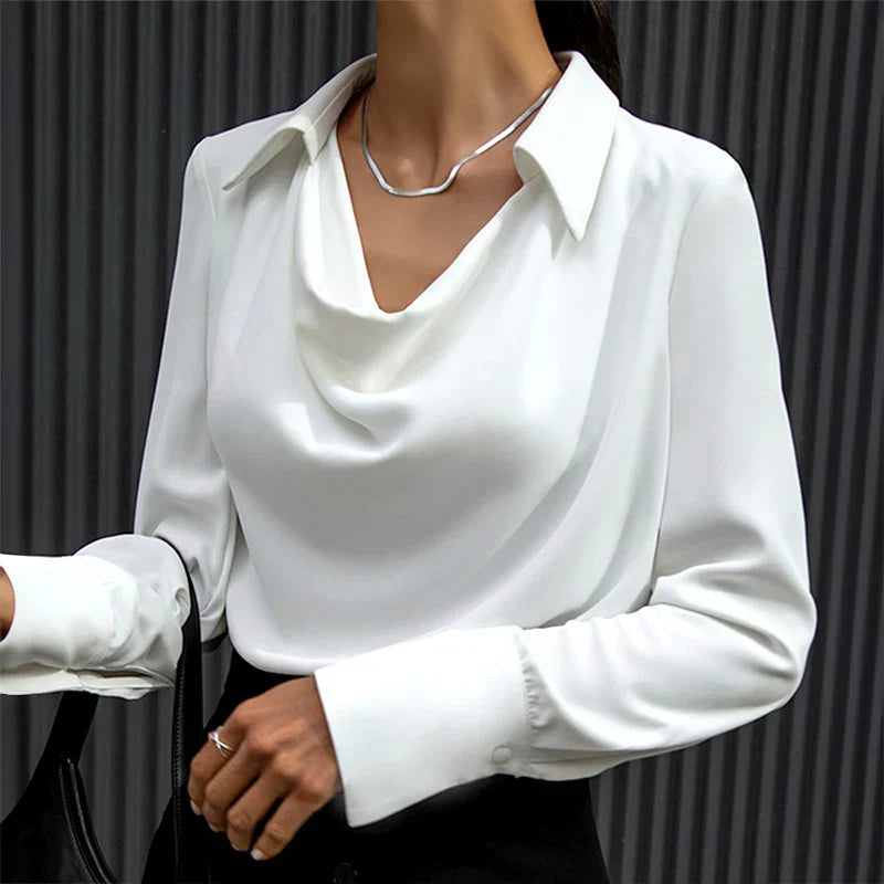 Lumina Wear Samantha elegant draped neck blouse with long sleeves, featuring bronze fabric and a stylish, sophisticated design.