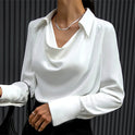 Lumina Wear Samantha elegant draped-neck blouse with long sleeves, shown in bronze, XS size, featuring stylish and sophisticated design.