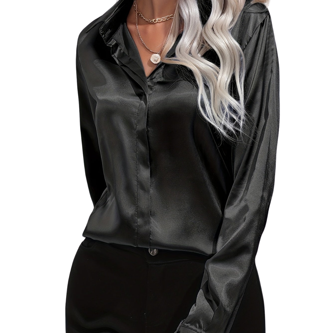 Blue Sarah Lumina Wear elegant button-down blouse with long sleeves, showcased on a neutral background.