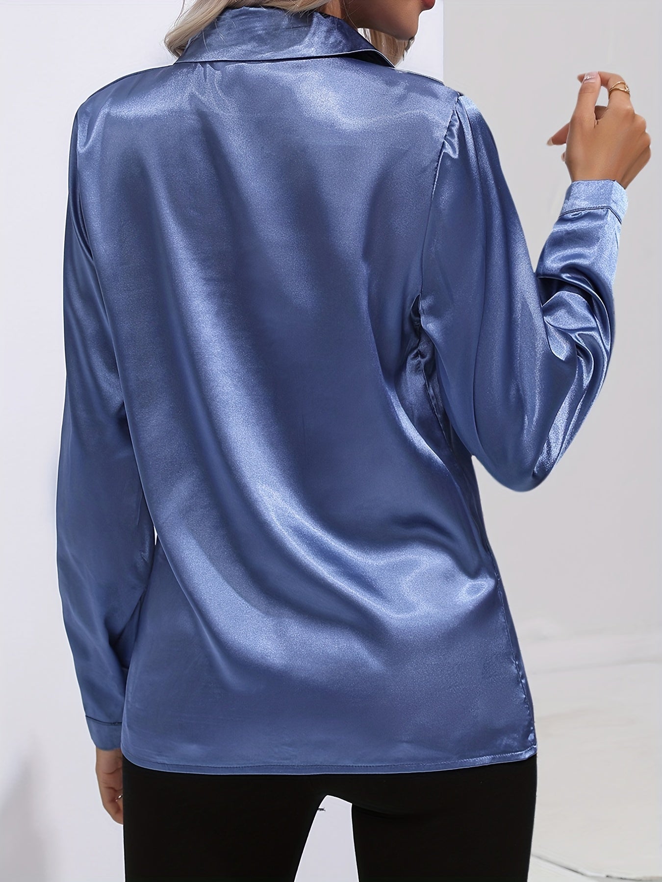 Blue Sarah Lumina Wear elegant button-down blouse with long sleeves, showcased on a neutral background, size XS.