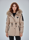 Scarlett cozy faux-fur utility parka by Lumina Wear in khaki, featuring a drawstring waist and warm, plush fur lining.