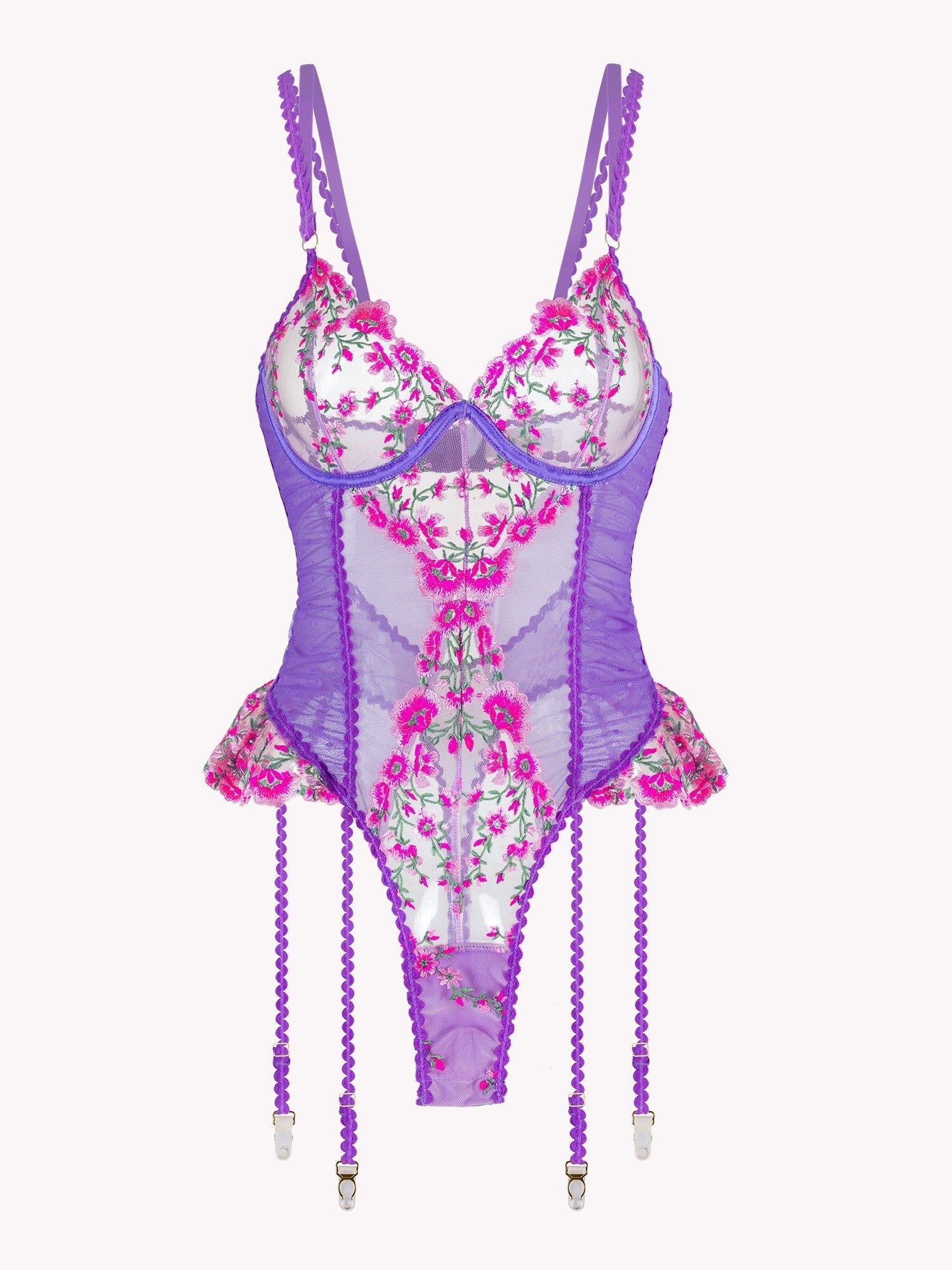 Katri Blossom Bodysuit by Lumina Vancouver in frost lilac, featuring floral design and fitted 1-piece style.