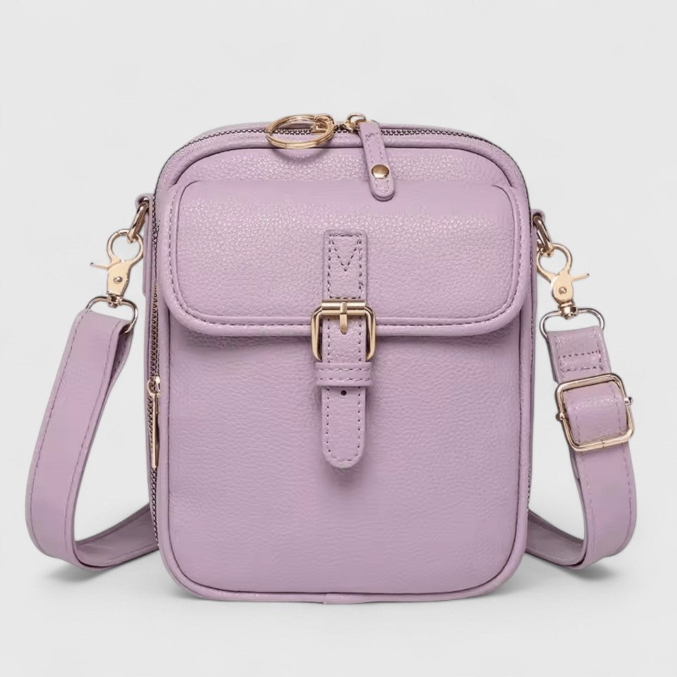 Seraphina Lumina brown compact crossbody handbag with adjustable strap, elegant design and sleek finish.