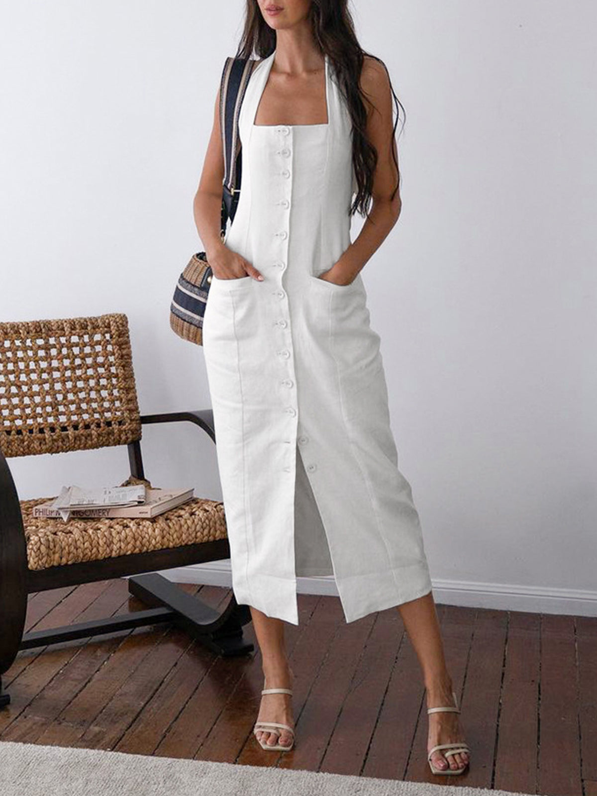 Seraphina white halter neck maxi dress by Lumina Vancouver, stylish mini dress with elegant fit and flowing fabric.