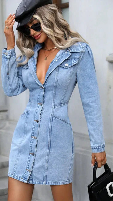 Seraphina Moonlight denim mini dress by Lumina Vancouver featuring a stylish blue design and fitted silhouette.