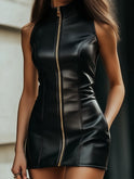 Seraphina Lumina Wear black zip-front faux leather mini dress, fitted style with front zipper and short length.