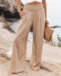 White breathable wide leg trousers with elastic waist by Lumina Wear, shown in the Serena style.