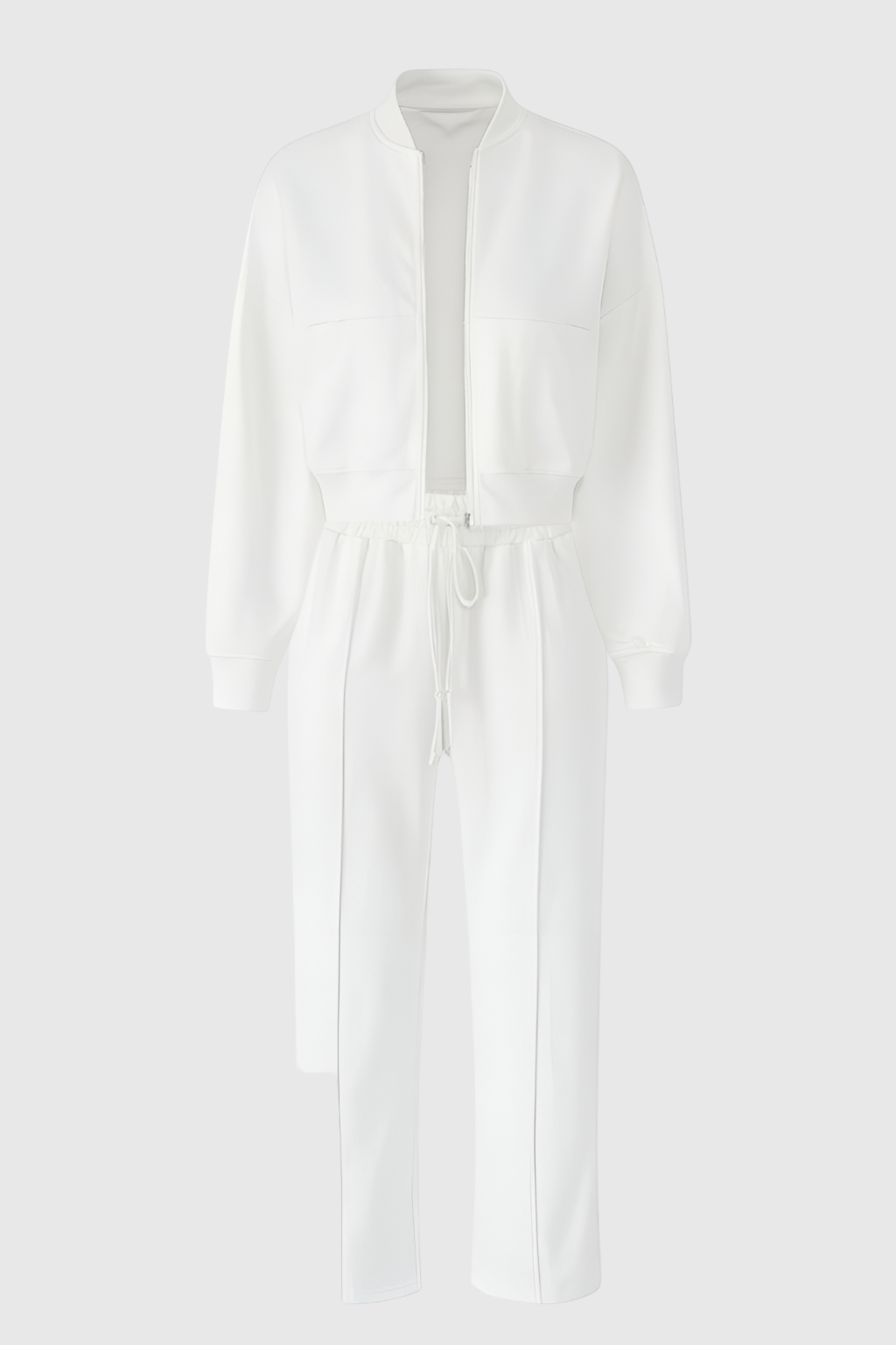 Lumina Wear Serena white lounge set with casual chic style and modern zipper details, comfortable loungewear for relaxed everyday wear.