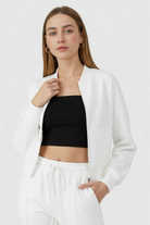 Serena Lumina Wear white casual chic lounge set with modern zipper details, comfortable loungewear for relaxed style.