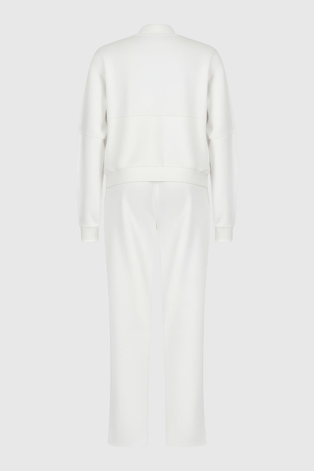 White Serena Lumina Wear casual chic lounge set with modern zipper details, featuring comfortable loungewear design.