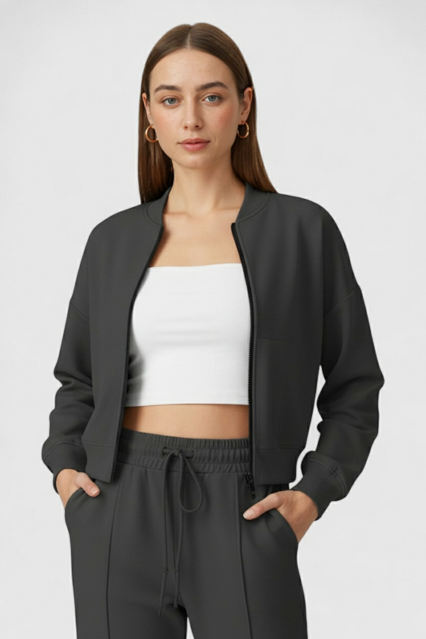 Lumina Wear Serena casual gray hoodie and sweatpants set, comfortable activewear with modern design, displayed on a model.