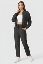 Serena gray hoodie and sweatpants activewear set by Lumina Wear, casual modern style, comfortable fit for active lifestyles.