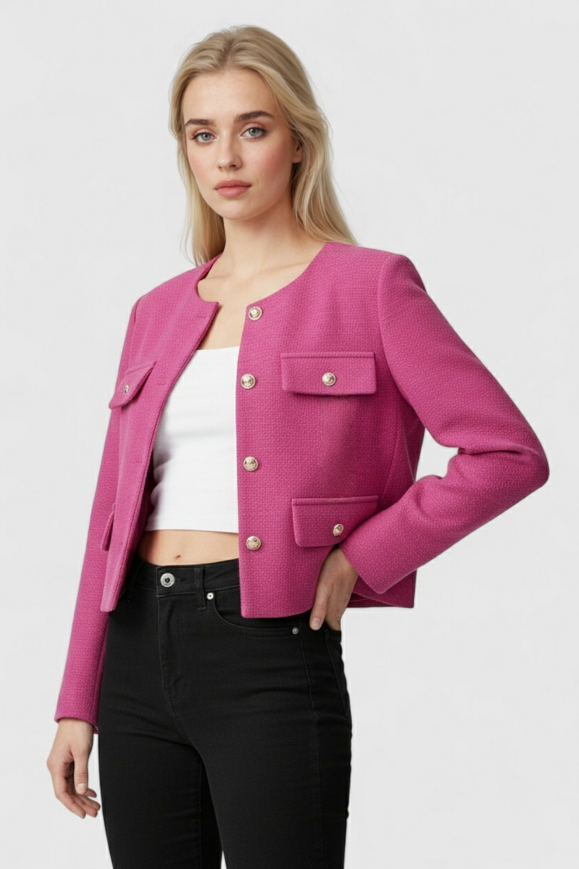 Pink-red short women's jacket by Lumina Wear, stylish and versatile with a chic design, perfect for casual or dressy outfits.