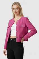 Pink-red short women's jacket by Lumina Wear, stylish and versatile with a chic design, perfect for casual or dressy outfits.