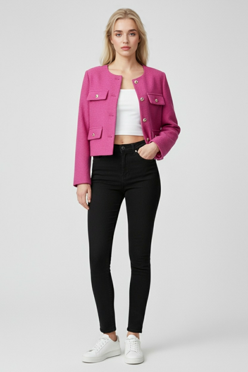 Lumina Wear Serena pink-red short women's jacket with versatile style, featuring a chic design and lightweight fabric.