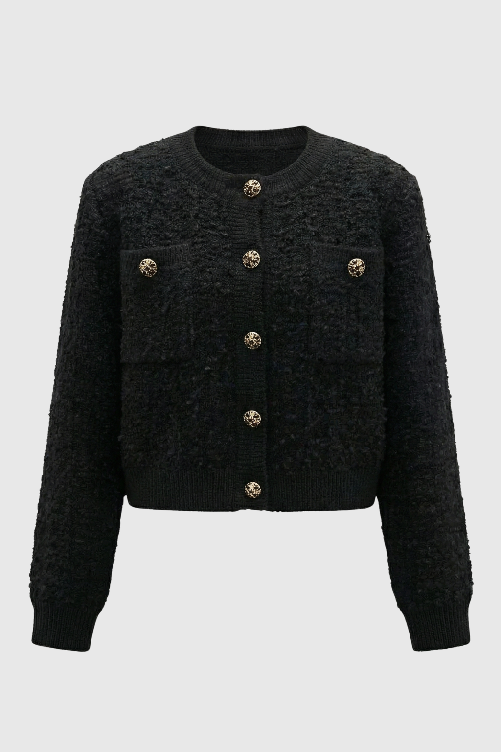 Black knit cardigan with open front from Lumina Wear, cozy women's sweater with long sleeves and relaxed fit.