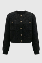 Black knit cardigan with open front from Lumina Wear, cozy women's sweater with long sleeves and relaxed fit.